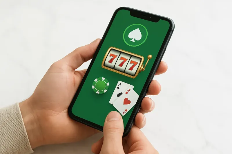 Close-up of hands holding smartphone with casino app on marble surface