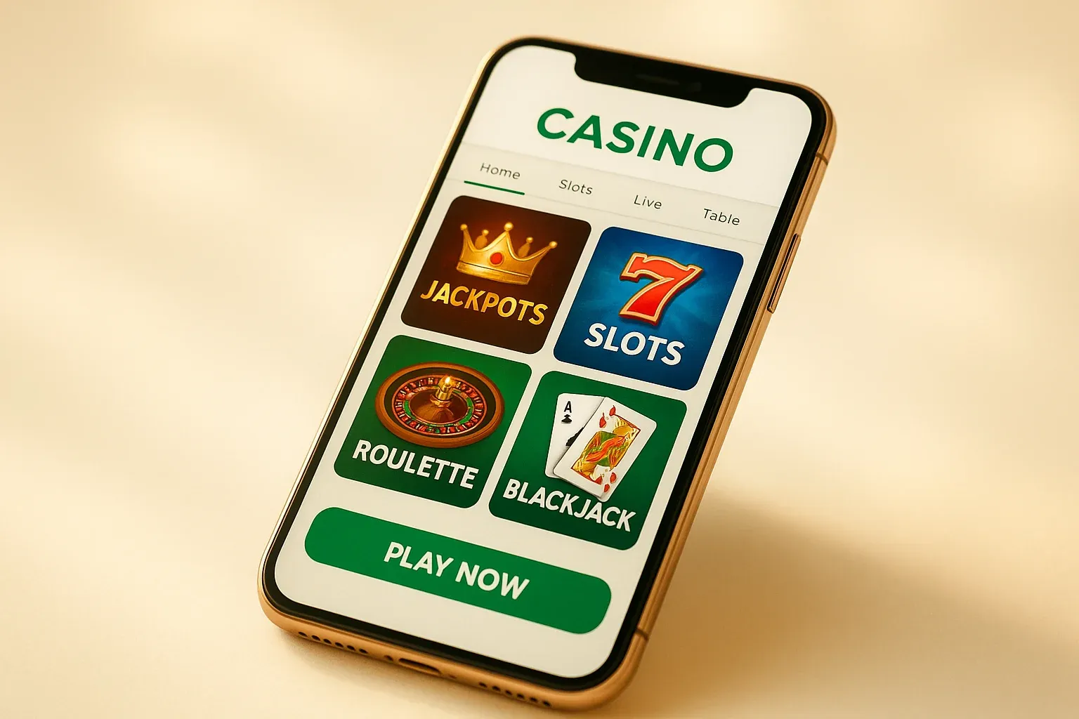 Smartphone angled on cream background showing light casino game interface