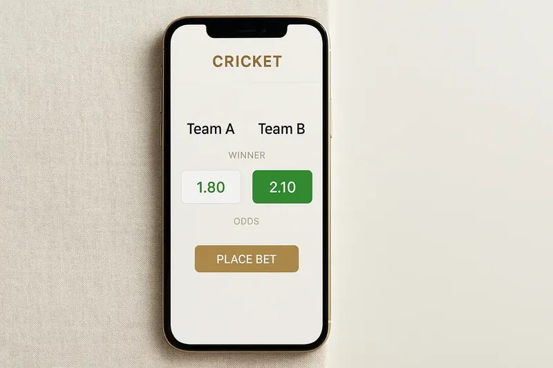 Phone screen showing modern cricket betting odds interface in white and gold