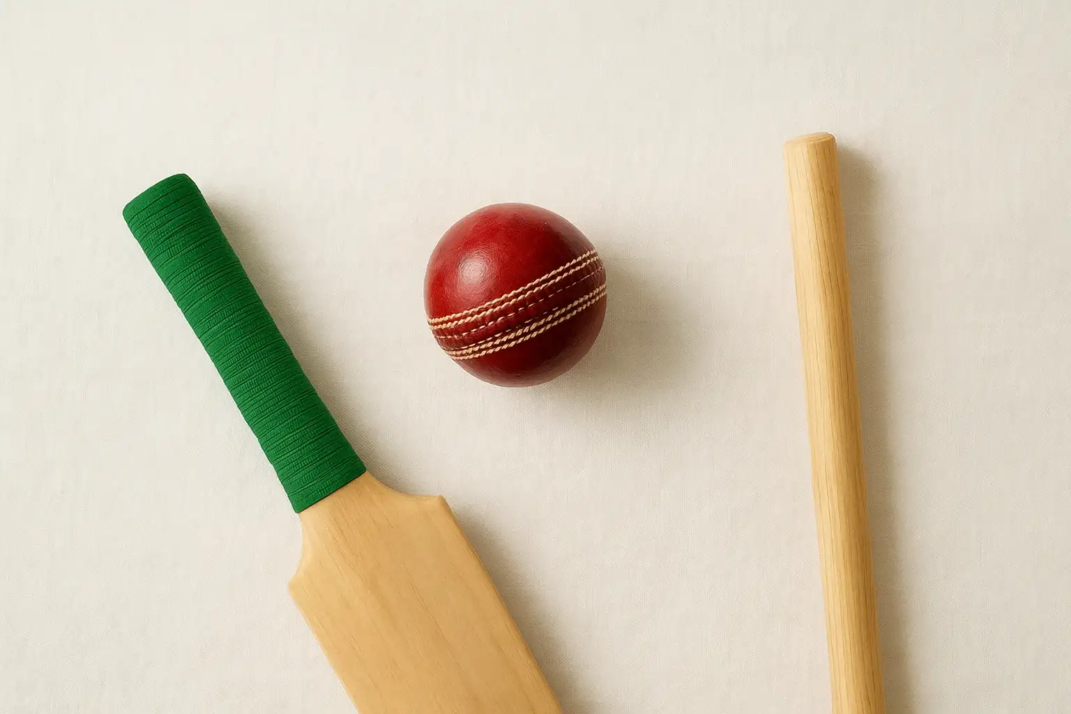 Overhead flat lay of cricket ball, bat handle and stump