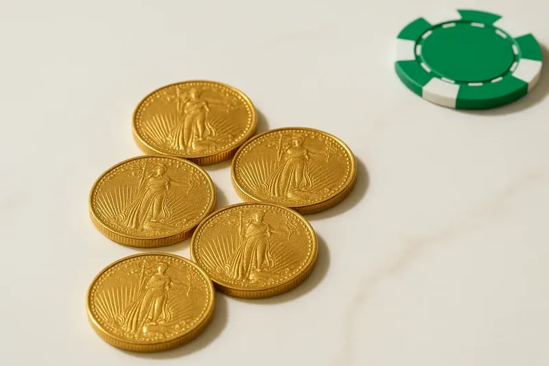Five gold coins on cream marble with poker chip edge