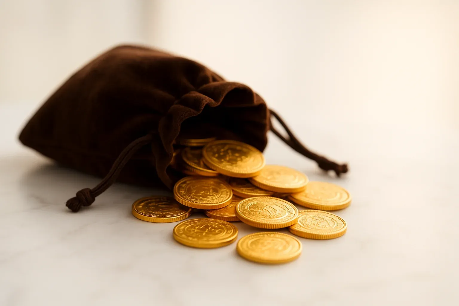 Golden Coin Cascade Golden coins spilling from a velvet pouch on white marble