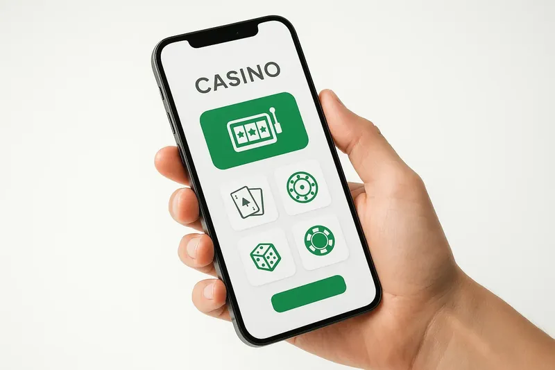 Hand holding smartphone with clean light-themed casino interface in warm lighting