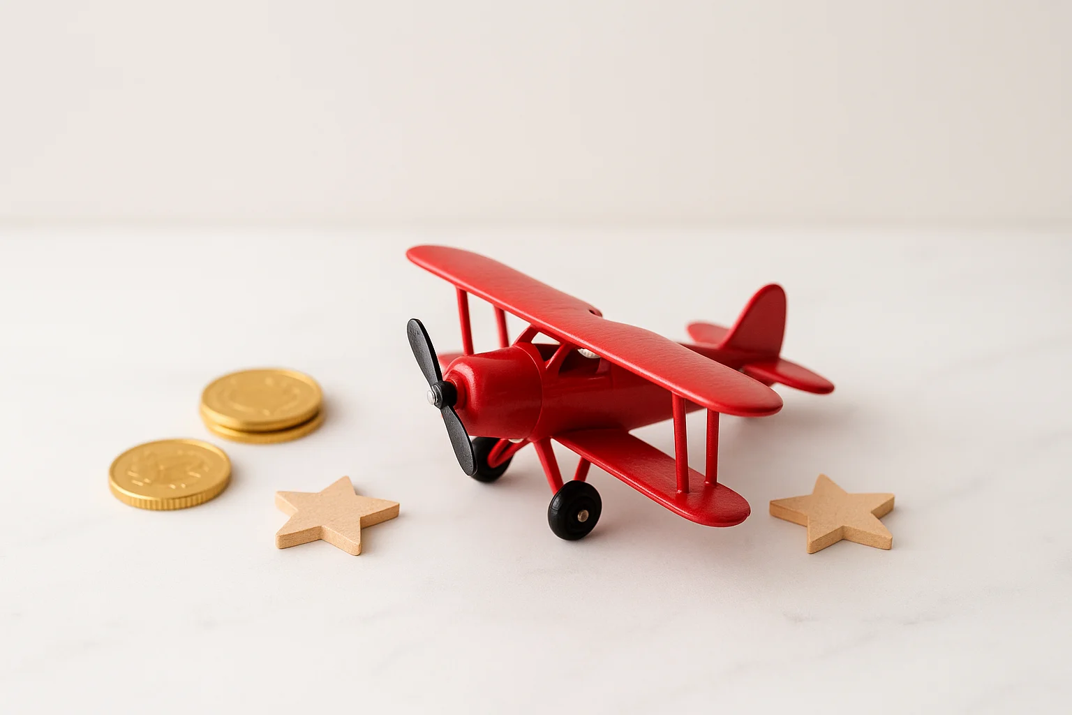 Miniature red airplane model with gold coins and star tokens on white marble