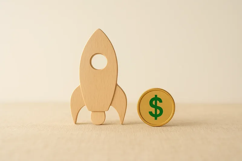 Minimalist rocket icon with gold coin on white background