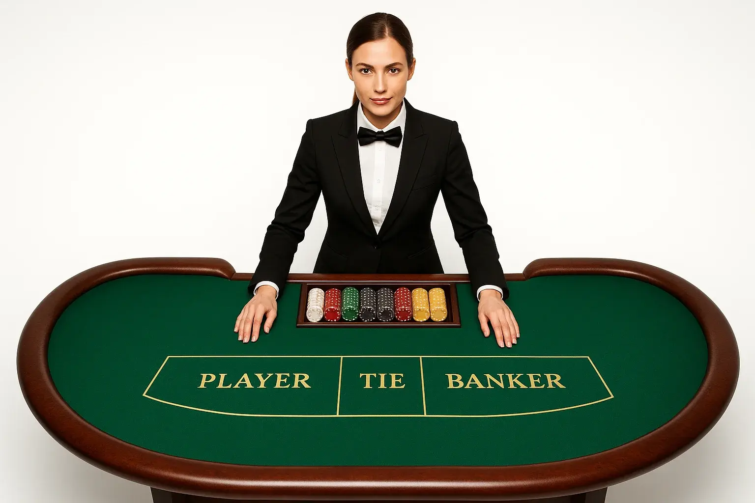 Professional female dealer at elegant live baccarat table in casino